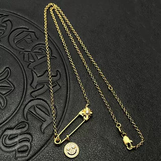Chrome Hearts gold full diamond smiley face brooch necklace